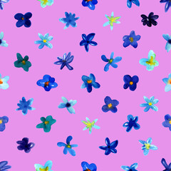 Seamless pattern with watercolor small blue flowers. Hand drawn chaotic ditsy garden flower. Simple Geometry tracery. Design for spring, summer textile, print, cards, fabric, background.