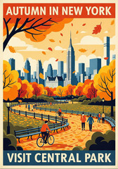 Autumn in New York, Central Park. lIllustration for travel postcard, wallpaper, posters, banners, advertising, nature landscape background