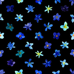 Seamless pattern with watercolor small blue flowers. Hand drawn chaotic ditsy garden flower. Simple Geometry tracery. Design for spring, summer textile, print, cards, fabric, background.