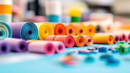 Colorful quilling papers arranged on craft board, showcasing various shapes and sizes, perfect for creative projects