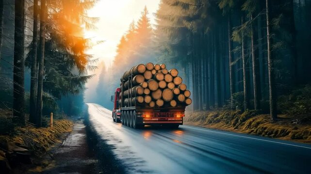 A large logging truck is transporting load of cut timber logs through the road in forest. Deforestation, Ecology and environment conservation concept