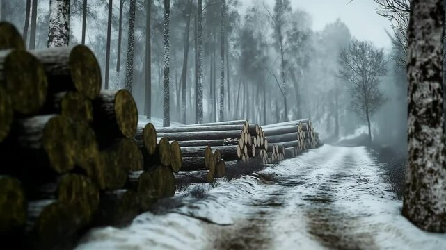 A large stacks of timber log at the lush green forest scenery ready for trade, Business selling timber and wood products, Import and export of timber, Ecological damage and deforestation concept	