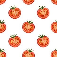 Seamless pattern of a half ripe tomato with seeds and green leaves. Perfect for culinary projects, packaging design, menus, or print materials.