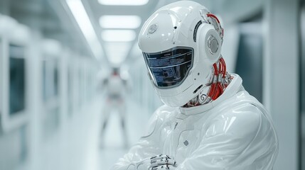 This striking image portrays a futuristic android in a sleek technology lab, showcasing advanced robotics and emphasizing the possibilities of human-like machines in modern society.