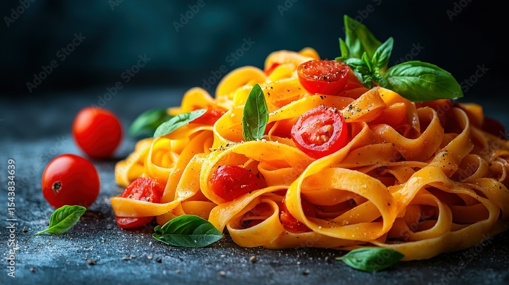 Poster a photo of a close-up plate of pasta with tomatoes and basil, placed on a table with a matching garn