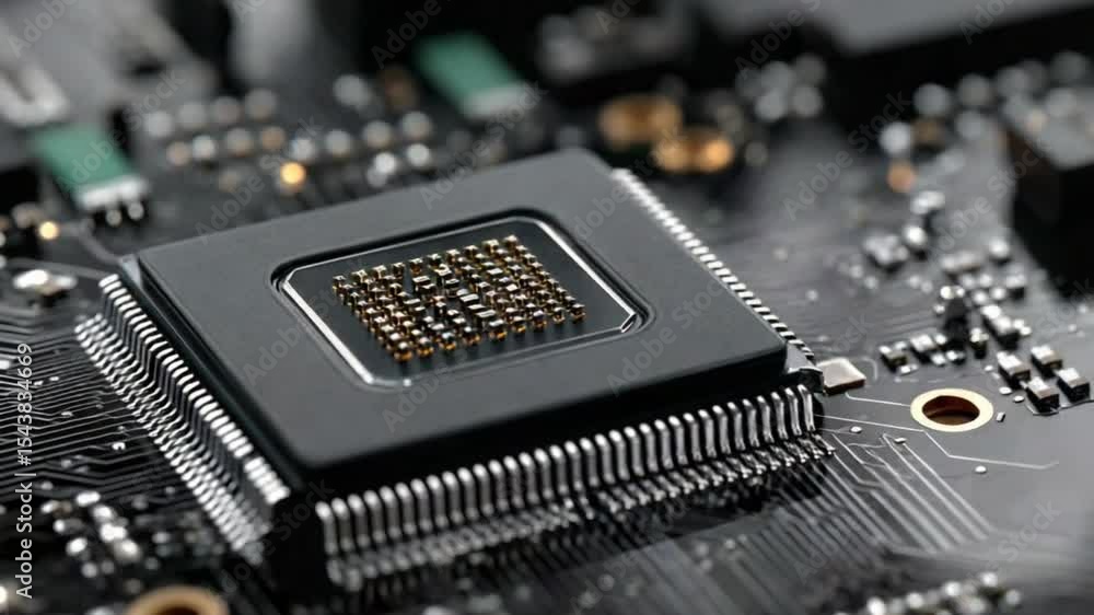 Poster detailed close-up of a modern computer processor on circuit board