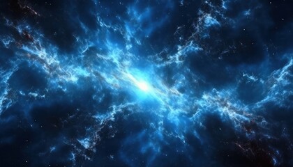 Naklejka premium ethereal blue cosmic nebula explosion with glowing light core and electric gas clouds in deep space, perfect for sci-fi web design, print poster, or tech branding