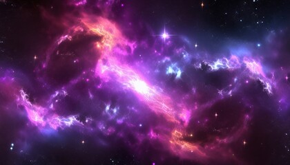 Fototapeta premium vibrant purple and pink nebula cloud in deep outer space with glowing stars and cosmic dust, ideal for sci-fi poster, digital artwork, or web background