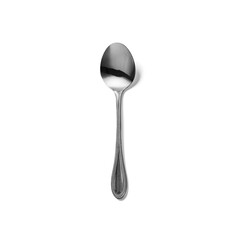 A shiny stainless steel spoon, commonly used for eating or serving food.