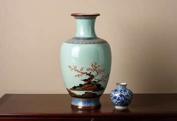 There is a vase and a small vase on the table