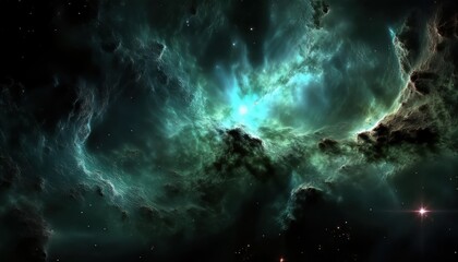 Fototapeta premium ethereal teal nebula cloud with glowing cosmic light and bright stars in deep space, perfect for sci-fi web design, fantasy print, or cosmic branding concept