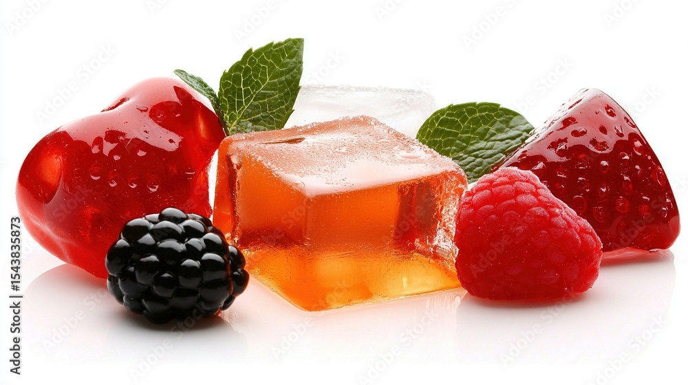Poster raspberries and an ice cube rest on a white background