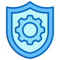 Secure System - Blue Fill Outline Icon - Shield with embedded gear, symbolizing a safe and secure system infrastructure