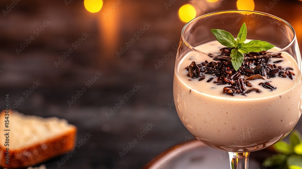 Poster a drink in a glass on a table, surrounded by a slice of bread and illuminated by lights in the backg