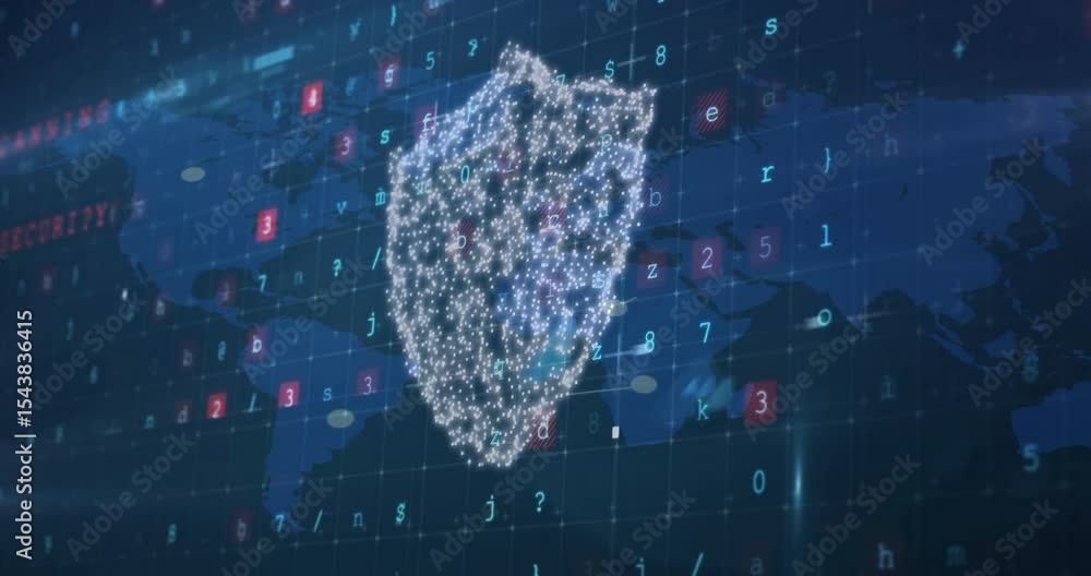 Poster map showing shifting nodes code flashing warning as shield transforming into lock securing network
