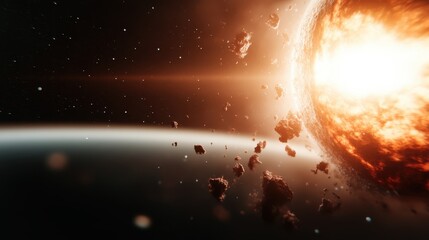 A breathtaking view of a cosmic explosion illuminating a celestial scene, showcasing a vivid starry backdrop and meteor fragments in an otherworldly space environment.