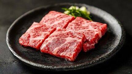 Fototapeta premium Fresh Wagyu Beef Slices on Dark Plate with Green Garnish