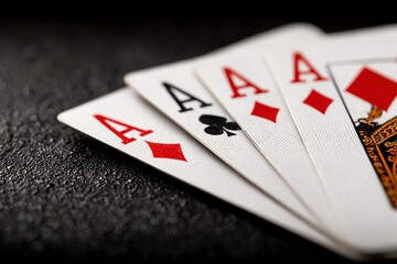 Obraz premium Four Aces Playing Cards Closeup Casino Game Gambling Poker Diamonds Clubs Hearts Sp
