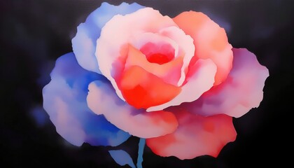 vibrant watercolor rose with red, pink, and blue petals on black background for floral branding, greeting card, art print, or digital design illustration