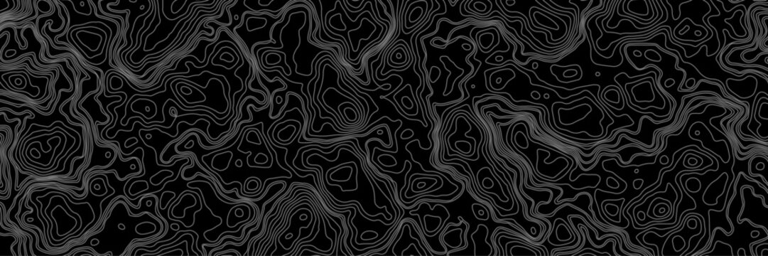 Abstract black and white topographic map illustration in vector style, showing contour lines, curves, and mountain ranges. Seamless pattern inspired by physical geography and terrain relief.