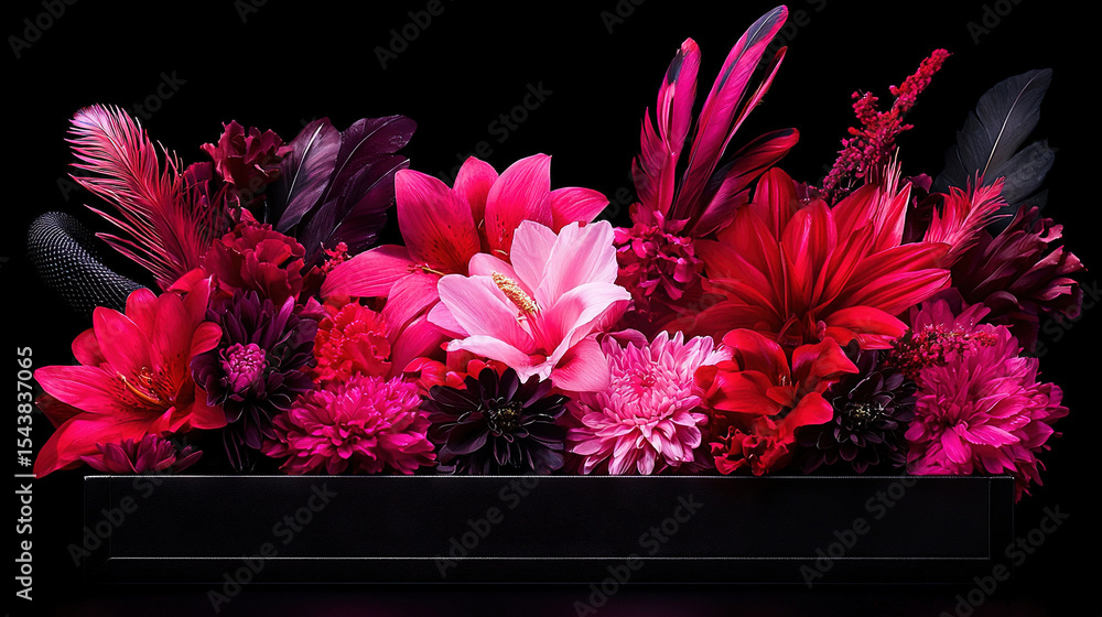 Poster a macro shot of an array of blossoms in a container, with feathers adorning both sides and the top