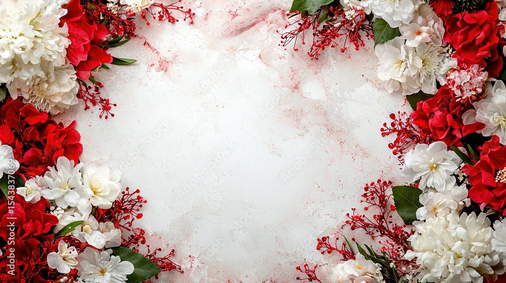 Poster red and white flowers arranged in a circle on a white background with space for text