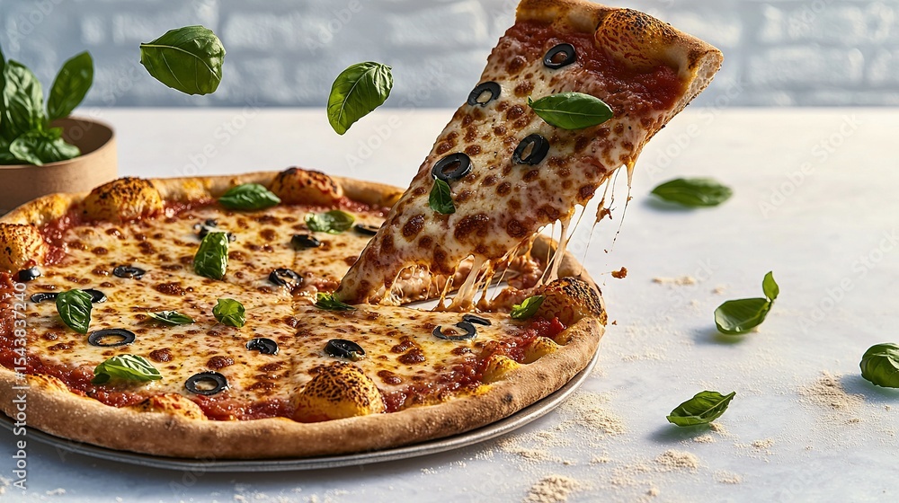 Poster pizza close up - a photo of a pizza slice on a plate with a single slice in focus, surrounded by gre