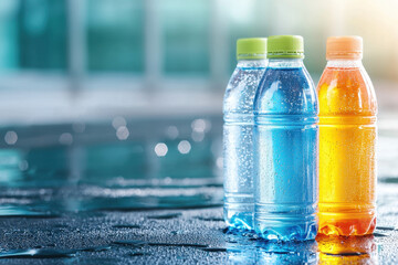 Refreshing sports drinks in vibrant colors, perfect for hydration after exercise, glistening with condensation