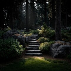 Stone Steps  Foggy Forest Path  Winter Wonderland  Mystical Scene