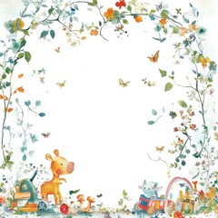 Obraz premium A whimsical watercolor scene of playful animals and vibrant flowers.