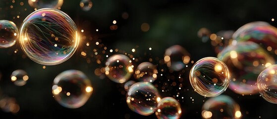 Naklejka premium Sparkling Bubbles Abstract Background 3D Render Shimmering Lights Festive Gold Rain