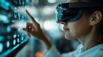 A young woman wearing VR glasses engages with a digital interface, highlighting the intersection of technology and human experience in modern life.