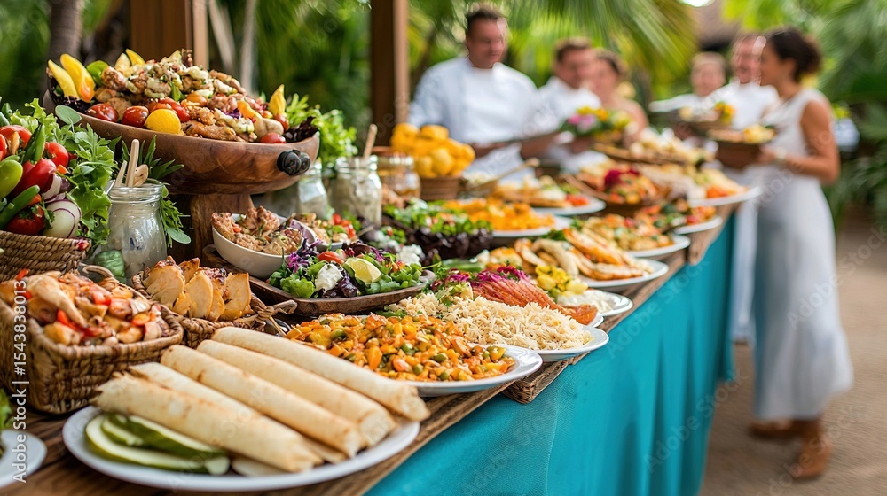 Poster a table brimming with an array of dishes, surrounded by individuals scrutinizing the spread