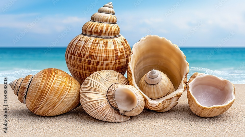 Poster a cluster of seashells resting on a sandy beach with an oceanic background