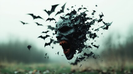 An eerie abstract representation of a face dissolving into bats, invoking feelings of fear, mystery, and the haunting presence of darkness through art.