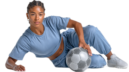 Soccer Player's Serene Moment: A woman rests, with a soccer ball in an outdoor setting after an exercise, portraying the essence of sports, leisure, and lifestyle.