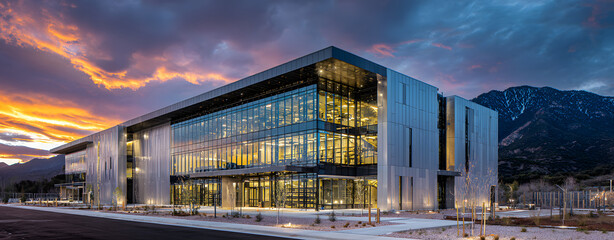 A sleek, modern data center exterior set against a vibrant sunset, with mountains in the background