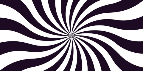 Abstract high-energy radial burst design with bright black and white wavy stripes. Symmetrical curved segments, a hypnotic.Dynamic spiral effect reminiscent of retro candy swirls or vintage sunburst.