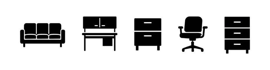 Office furniture silhouette icon set. desk, chair, cabinet symbols in silhouette style
