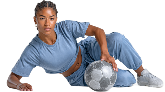 Soccer Player's Serene Moment: A woman rests, with a soccer ball in an outdoor setting after an exercise, portraying the essence of sports, leisure, and lifestyle.