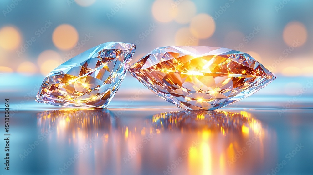 Poster two diamonds gleaming together on a reflective surface under soft light from above