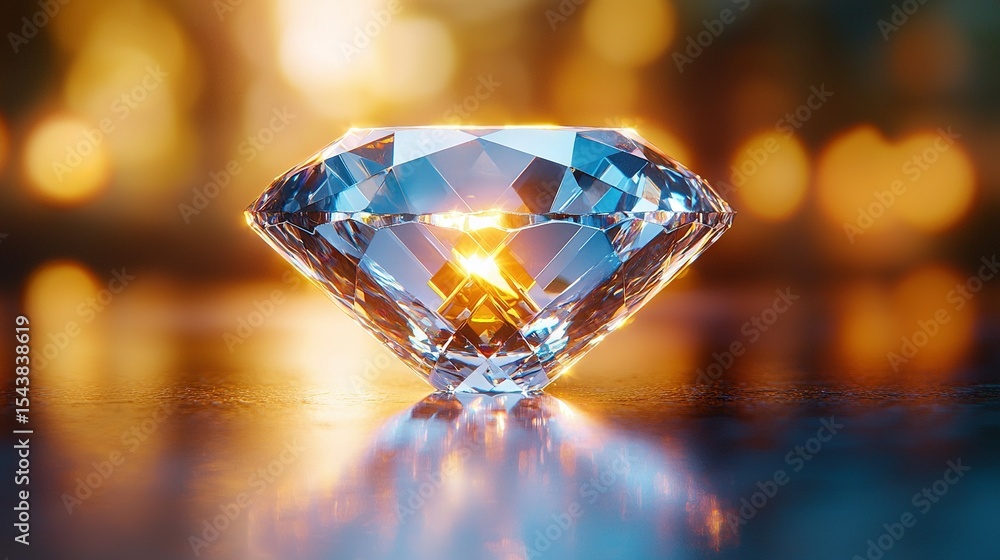 Poster a diamond resting atop a table illuminated by bright rays emanating from the middle of its surface