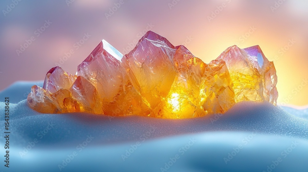Aufkleber a cluster of ice formations on top of a snowy surface, illuminated by sunlight filtering through clo