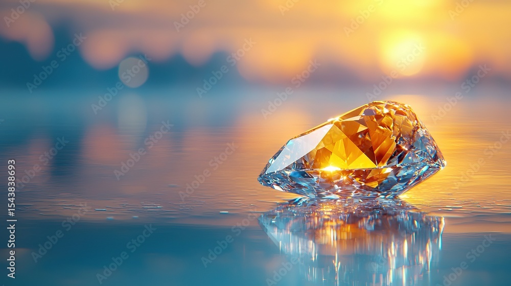 Poster a yellow diamond on a reflective surface with the sun setting in the distance in the background