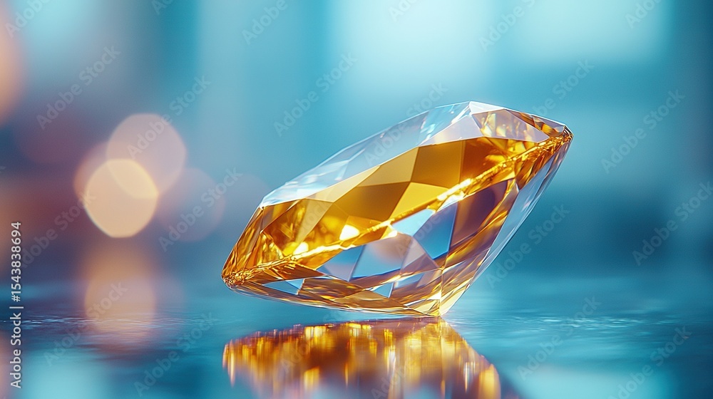 Poster close-up of a yellow diamond on a shiny surface with intense lights surrounding it and a slightly bl