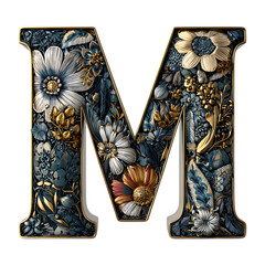 Floral letter M, 3D render, gold frame