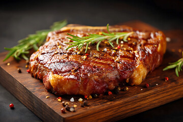 Juicy Grilled Beef Steak with Rosemary on Wooden Board. Hot and Smoky Gourmet Meat.