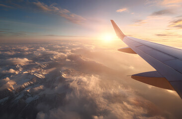 Obraz premium Airplane wing view from plane window over foggy mountains at sunset. Sky and sun above clouds. Scenic flight travel picture. Mountain top below clouds, airline business journey.