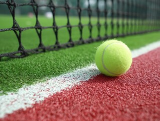 A bright yellow tennis ball rests on the red and green artificial turf of a court, beside the net