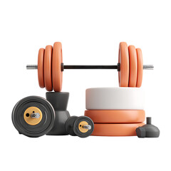 3D render of weights and barbell. Fitness, gym, workout.